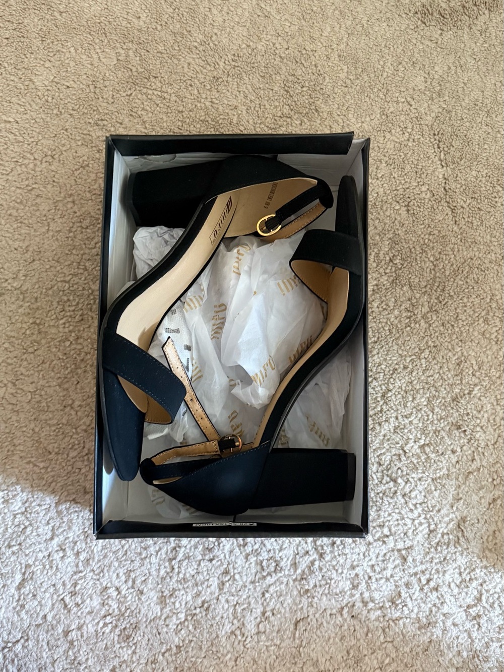 IDIFU Black Block Heel Sandals with Ankle Strap and Gold Buckle